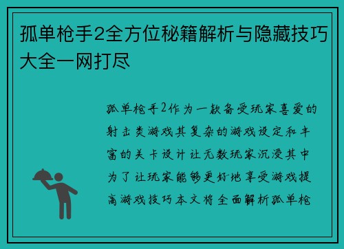 孤单枪手2全方位秘籍解析与隐藏技巧大全一网打尽